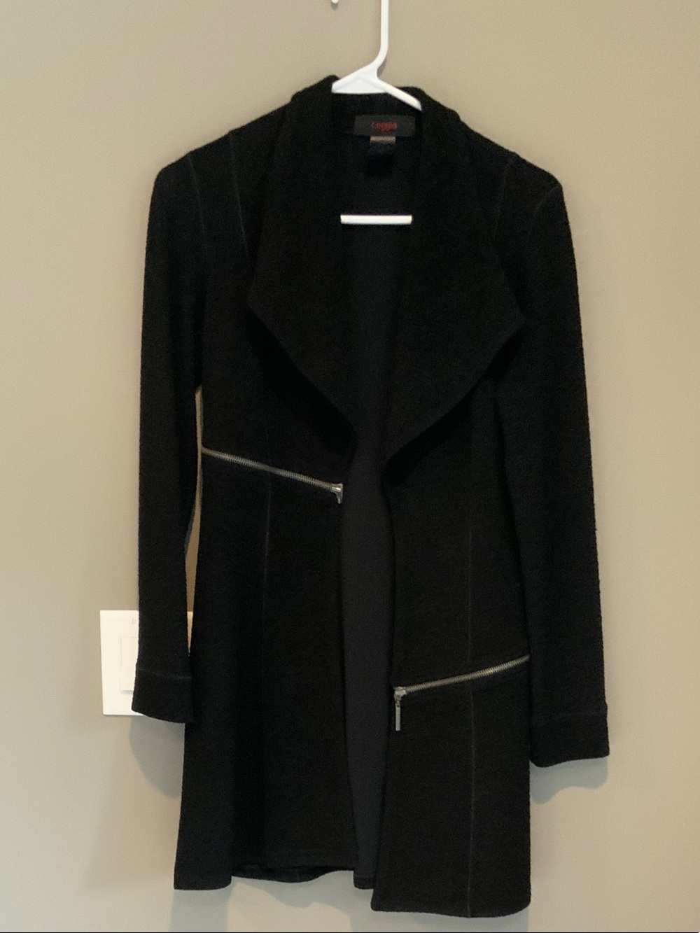 Black Draped Trench Coat with Zip Accents